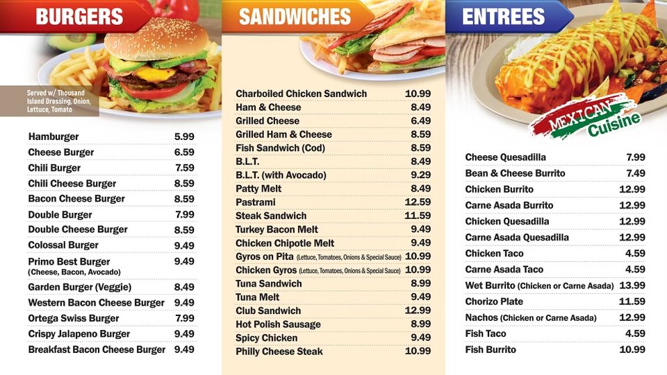 Comfort food menu with baskets and side orders.