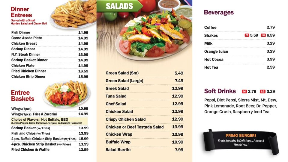 Breakfast and lunch dishes on a casual restaurant menu.